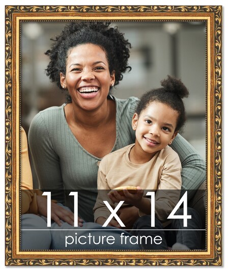 CustomPictureFrames.com; 11x14 Solid Wood Antique Picture Frame with UV-Resistant Acrylic & Acid-Free Backing, Available in 4 Finishes: Bronze, Gold, Silver, and Gold with Black; Category:Single Opening; Image:1
